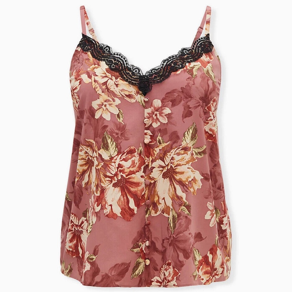 Torrid Lace Button Cami V Neck Tank Top Walnut Floral Pink and Black Size 3X